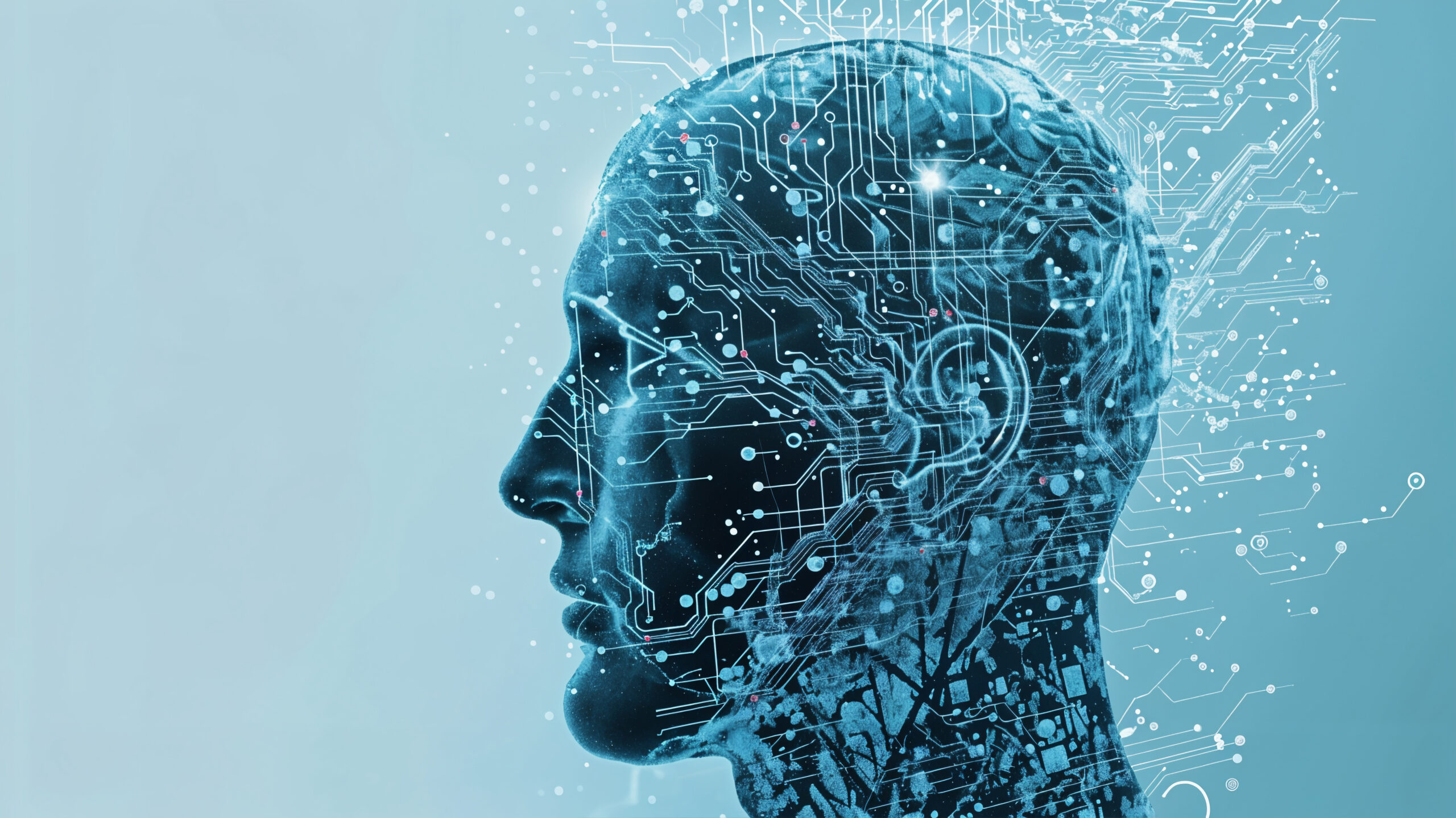 Viso umano creato con l'intelligenza artificiale con il cervello creato da link e connessioni